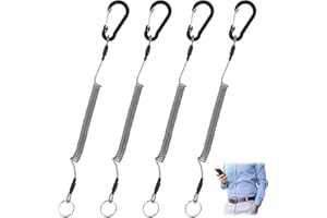 Tyqour 4pcs Black Heavy Duty Fishing Lanyard, Retractable Safety Spring Coil Keychain for Keys Wallet Cellphone,Tpu Tool Lanyards for Hand Tools with Alloy Carabiner and Split Ring for Fishing Tools