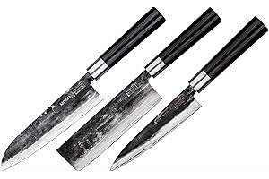 SAMURA Super 5 Damas Couteau de Cuisine Japonais Professionnel Set de 3 : Nakiri, Utility, Santoku. Micarta Dureté : 60 HRC.…