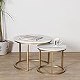 Priti Coffee Table Set of 2: Golden with White Marble Finish Table Tops, Sturdy Metal Frame, MRN Inodedustrial Design - Ideal for Living Room, Bedroom, Apartment,