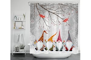 GOOESING Winter Christmas Shower Curtain Funny Gnome and Cardinals in Snowy Forest Bathroom Shower Curtain,Snow Scene Polyester Waterproof Polyester Fabric Bath Decor Accessories with Hooks