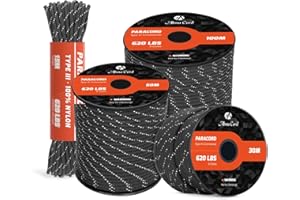 Abma Cord Paracord 620lbs 4mm 30M 100% Nylon Seil Typ 3 Schnur mit 9 Kern für Basteln, Camping, Survival, Outdoor - Max. 280kg - Reflektierende Schwarz