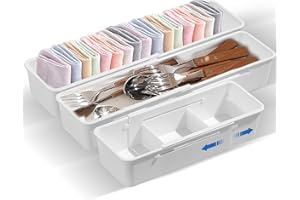 Bailtouk 3 Piezas Caja de Almacenamiento Extensible, Cajas Organizadoras de Plástico con 2 Ranura, Cesta Almacenaje Rectangular Cajas Almacenaje Cocina para Cocina, Armario, Oficina (Blanco)