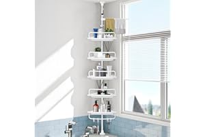 MOYKSRR Blanc Etagere Salle de Bain, Étagère Salle de Bain Télescopique, Étagère de Douche Réglable en Hauteur 100-310 cm, Acier Inoxydable sans Perçage, 5 Plateaux, 4 Crochets, 1 Porte-Serviettes
