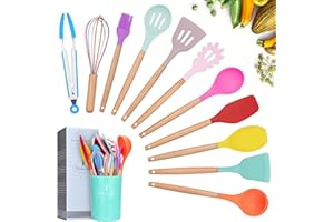 Ustensiles de Cuisine,Lychee 12PCS Kit d'Ustensiles de Cuisine en Silicone et Bois, Ustensiles Cuisine Antiadhésive Set avec Pot de Rangement,Silicone de qualité Alimentaire (Coloré)