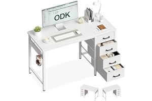 ODK Piccola Scrivania con 4 Cassetti, 100x48cm Tavolo per Computer con Gancio per Cuffie, Scrivania Ufficio Reversibile per Piccolo Ufficio in Casa, Bianco