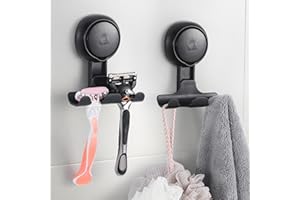 LEVERLOC Razor Holder for Shower 2 Pack Vacuum Bathroom Suction Hook Reusable for Towel, Robes, Razor, Bath Ball, Damage-Free Wall Shower Hook Shaver Holder Multipurpose Hanging, Black
