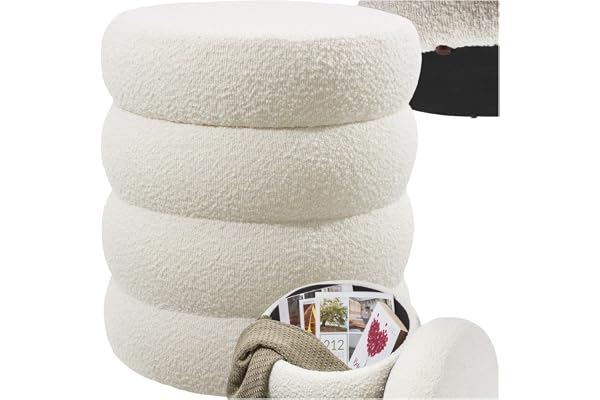 tectake® Sittpall i boucletyg med skandinavisk stil, förvarings puff, fotpall med avtagbart lock, halkfria fötter, ingen montering krävs - Bouclé cremevit