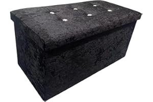 Rehmat Collection 2 Seater Crushed Velvet Ottoman Storage Cube Toy Box Chest With Diamanté Studded Lid - Foldable/Collapsable (Black)
