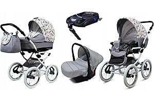 BabyLux® Kinderwagen Set 4 in 1 - Margaret White - incl. Babywanne, Buggy Sportsitz, Auto-Babyschale, ISOFIX-Basisstation - Autositz - Kinderwagenset - Kombikinderwagen mit Wickeltasche usw.
