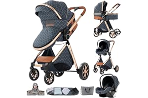 MoLi Kinderwagen 3 in 1, Kinderwagen mit Umkehrbarem Doppelschiebemodus, Buggy mit Großer Bequemer Babywanne, Kombikinderwagen 3 in 1 Rahmen Aluminiumlegierung Faltbar Hohe Landschaft (225 Blue)