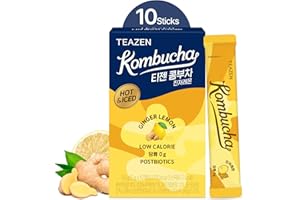 Teazen Kombucha Tee, Zero Sugar, funkelndes fermentiertes Pulvermischung, Getränk aus Korea, lebende Probiotika & Prebiotika, 10 Sticks, 50 ml (Hot Kombucha Lemon Ginger)