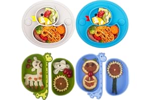 NOHLERLIFE Platos para niños pequeños, 4 unidades, platos de succión divididos de silicona para bebés y niños pequeños, sin BPA, aptos para lavavajillas y microondas (pato/jirafa)