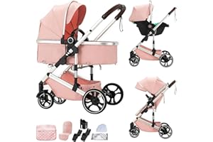 BEBBY passeggino trio, combinazione passeggino 3 in 1 cittadino con passeggino portatile con neonato pieghevole di lusso con modello ad alta vista (H9-PINK, H9)