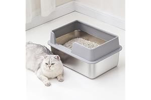 MENDUNER Bandeja de Arena Grande de Acero Inoxidable, Caja de Arena de Metal XL con Tapa a Prueba de Salpicaduras y Pala para Todos los Gatos, Fácil de Limpiar, No Pegajosa (Gris Grande)