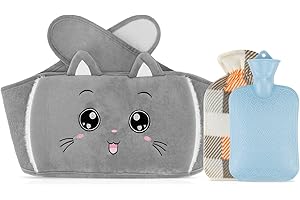 KKTICK Wärmflaschen, 1L Gummi Wärmeflasche mit Bezug und Hand Taillen-Bezug, 3 in 1 Wärmflaschengürtel Set für Nacken Schulter Rücken Beine Taillenwärmung, Wärmbeutel für Kinder Erwachsene(Katze)