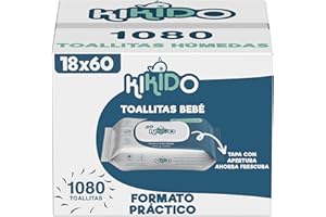 Kikido Toallitas Bebe Humedas - 1080 Unidades, 18 Paquetes de 60 Toallitas para Recién Nacidos - Caja Toallitas Humedas - Fórmula Suave sin Alcohol para Pieles Sensibles