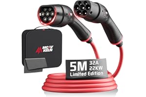 MCEVKELN Câble de Recharge Type 2 – 22 KW 5 m, Mode 3, 32 A, Portable avec Pochette | Chargeur Triphasé pour VE & Hybrides, Compatible avec Les modèles Y/3/ID.4/IONIQ 5/EV6/Spring/5 E-Tech/e-208/500e