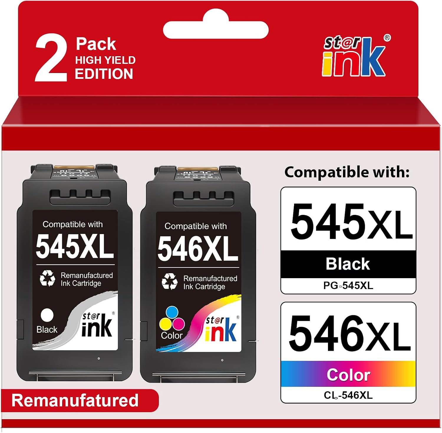 Starink PG-545/CL-546 XL - Cartuchos de Tinta Compatibles con Cartuchos Canon 545 546 XL (2 Unidades, 1 Negro, 1 Color) para Canon Pixma MX495 TR4550 para Canon tr4551 Ts3150 MG3050 TR4551 MG2950