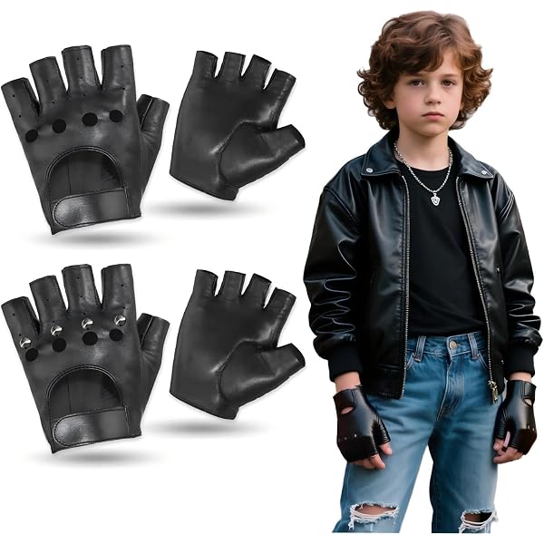 YCZARD 2Pairs PU Leather Punk Fingerless Gloves for Kids, Hollow