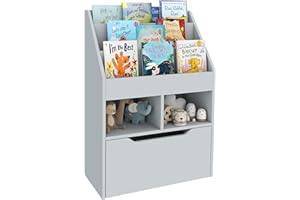HOMCOM Estantería Infantil de Madera con 3 Compartimentos 2 Cubos y Cajón Móvil con 4 Ruedas Librería Infantil para Habitación de Niños Sala de Juegos 60x29,9x90 cm Gris
