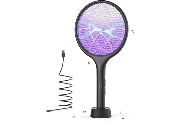 YISSVIC Raqueta Mosquitos Electrica 4000V Mata Mosquitos Electrico 2 en 1 | Raqueta Matamoscas Electrica USB-C Recargable 1500mAh Raqueta de Luz UV- Negro