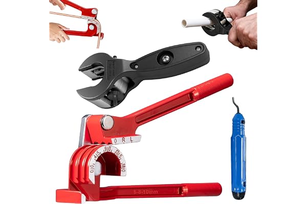 Cintreuse Manuelle pour Tuyaux 6-8-10 mm, 0-180 Degrés + Coupe-Tube à Cliquet 8-29 mm + Ébavureur pour Tuyaux en Cuivre, Aluminium, Plastique (PVC & PE) et Métal Doux