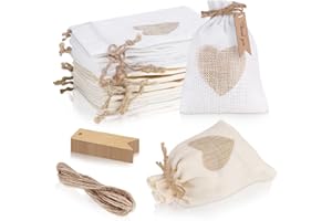 HMIEPRS 40 Pcs Burlap Bags, Linen Drawstring Bags with Gift Tags, Heart Hessian Bags, Jute Cloth Favour Pouches for Wedding Fabric Christmas Party Birthday DIY Craft (White Beige)