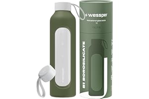 Wessper Botella de Agua Cristal, Botella 1 Litro Motivadora con Escala de Hidratación, Botellas de Vidrio Borosilicato con Funda de Silicona, Material Seguro sin BPA – Oliva
