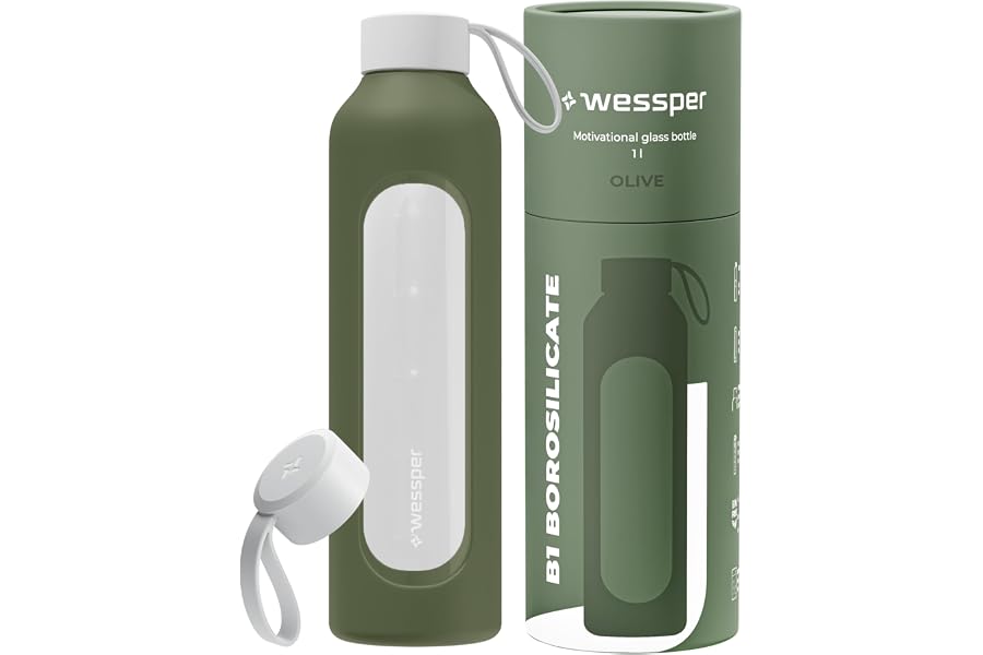 Wessper Botella de Agua Cristal, Botella 1 Litro Motivadora con Escala de Hidratación, Botellas de Vidrio Borosilicato con Fu