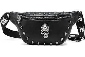 K KAREZOG Bumbag for Women,Black Leather Fanny Pack for Women Skull Designed,Bumbags for Ladies Fashion Waist Bag Pack for Dog Walking Festival Hiking Travel Holiday