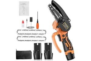 JYGMPRO Mini Motosega a Batteria 4 Pollici, Portatile, Elettrica con 2 Batteries 1,5Ah, 2 Catene, 8m/s Velocità della Catena