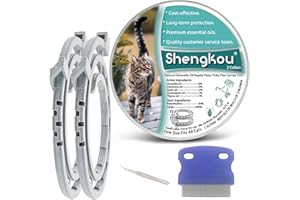 SHENGKOU Flea and Tick Collar for Cats - Offers 12-Month Protection, Crafted with Premium Plant Oils, Waterproof, Natural, Safe for Kittens, Includes Free Comb and Tweezers, 13.8 in (2 Packs)