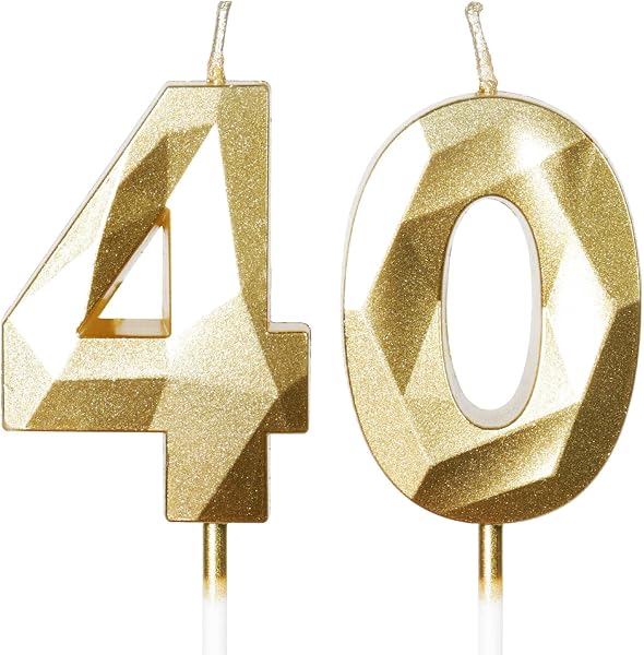 40th Birthday Gold Candles - Number 40, Happy Birthday, Cake Topper Decorations for Party & Anniversary Celebrations - 1