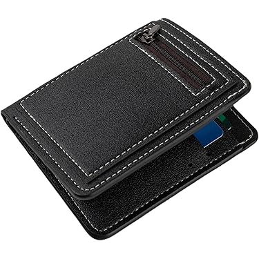 Cartera Delgada Para Hombre De PU - Con 6 Ranuras Para Tarjetas Y Bolsillo Con Cremallera - Tamaño Compacto 11.1x9.5 Cm