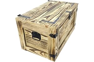 weeco Coffre en bois massif - Style industriel - 80 x 45 x 45 cm - Flammé - Coffre au trésor - Coffre à jouets - Banc d'appoint avec poignées en métal