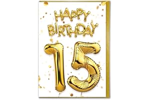Brainbox Candy - Kartka na 15. urodziny - wiek 15 - złota foliowa karta balonowa - białe złoto - dla syna córki - urodziny rodziny - przyjaciela