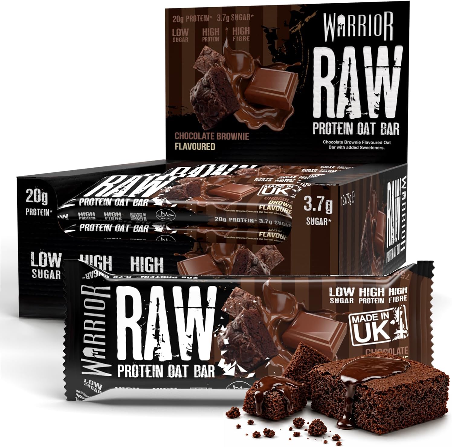 Warrior RAW Protein Bars 12 x 75g – 20g High Protein Bar, Low Sugar High Fibre Oat Protein Flapjack – Protein Snacks, Meal Replacement Bars (Chocolate Brownie)