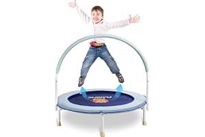 Pukomc 36/60in Toddler Trampoline for Kids Exercise,Rebounder with Adjustable Foam Handle and Safety Padded Cover/with Basketaball Hoop, Foldable Kids Trampolines for Indoor Outdoor Pink/Blue