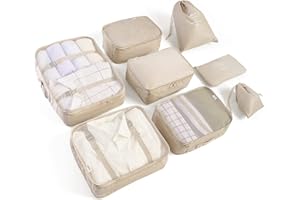 BillyBath Koffer Organizer set, Packing Cubes Kleidertaschen Schuhbeutel Reiseorganizer Packwürfel Kosmetik Travel Organizer Packtaschen für Koffer (8 teilig, Beige)