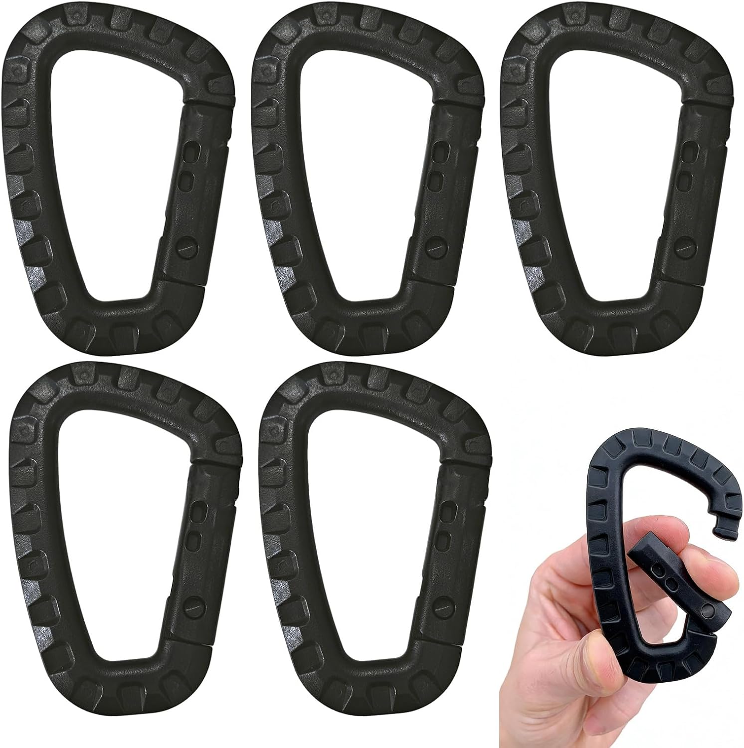 Mosquetones de Plástico – 5 Piezas – Mosquetón Táctico Negro con Cierre de Muelle, Ligeros y Versátiles para Camping, Senderismo y Actividades al Aire Libre - Forma de D Molle, Carabiner
