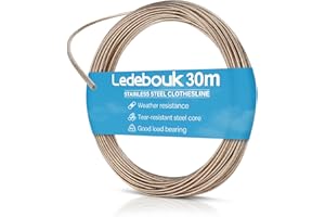 Ledebouk Stendibiancheria 30m, Cavo Stendibiancheria per Esterno, Filo per Stendere, Capacità di Carico 220 kg, Acciaio Rivestito in PVC Antiruggine, per Giardino, Campeggio e Esterno (Bianco)