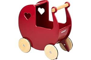 Moover Classic Doll's Pram for Toddlers, Fully Assembled, Designed in Denmark from Russian Birch Plywood, Push Along Toy, 18 Months+, 44 x 43 x 24 cm, Red and Natural Wood