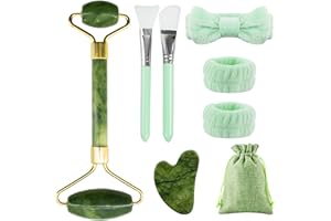 BORISCA Juego de Rodillo Cara Masaje y Piedra Gua Sha Masajeador Facial Jade Elimina la Hinchazón y Proporciona Cuidados Antes de Dormir Regalos Guasha Facial Jade para Familia, Amigos, Mantes (Verde)