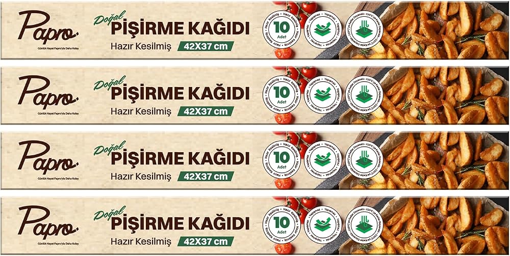 Papro Doğal Fırın Pişirme Kağıdı 40 Yaprak (4x10), 37x42 cm Kesilmiş Yağlı Kağıt, Yapışmaz PFAS Free Fırın Kağıdı (37x42, 4 paket, 40.0)