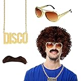 Set di 4 parrucche da uomo anni '70 anni '80 Disco Dude Afro Parrucca Baffi Corti Ricci Cosplay Halloween Carnevale Costume T