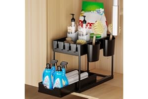 Owelth Organizador Bajo Fregadero 2 Niveles, Deslizante, Under Sink Organizer con 4 Ganchos y 2 Cesta Colgante, Estanteria Cajon Extraíble para Cocina Baño,Negro