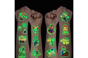 HXLEUCRY Tattoo Kinder, 12 Blätter Leuchtendes Super Mario Temporäre Tattoo Set für Mädchen Jungen Kindertattoos Wasserdicht für Geburtstagsgeschenke Kindergeburtstag Mitgebsel Festival Party Deko