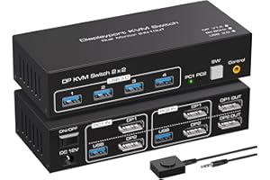 VPFET 8K60Hz DisplayPort KVM Switch 2 PC 2 Monitore 4K120Hz Dual Monitor DP 1.4 Switches for 2 Computers Partage 4 Périphériques USB3.0 avec 2 Câbles USB 3.0 et Contrôleur de Bureau