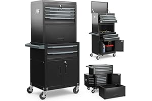COSTWAY Large Tool Cabinet, Lockable Metal Tool Chest Combo with Detachable Top Cabinet, Wheels, 6 Drawers & Hooks, Heavy-duty Rolling Toolbox Trolley (3-in-1, with Middle Compartment, Black)