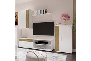 Homely - Mueble de Salón Modular Ibiza White | Conjunto 4 Muebles | Muebles Salón Completo | Mueble para Televisión + Mueble Bajo + Mueble Alto + Estantería Alta | Color Blanco Y Madera